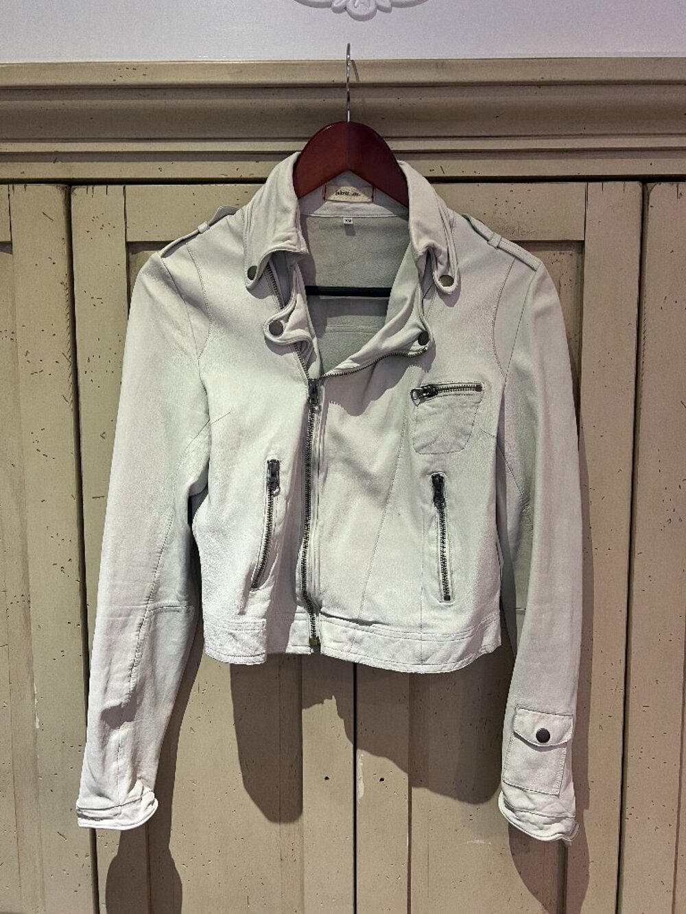 Jakett Etc Y2K White Leather Moto Jacket Cropped Washable Asymmetric Zip XS